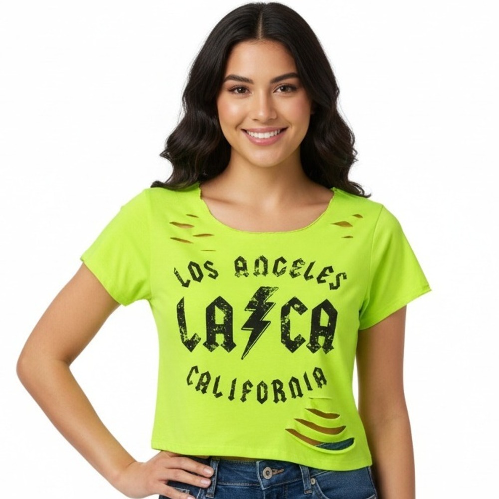 Los‎ Angeles California Crop Tee XL Lime Green Slashed Distressed Graphic Bold